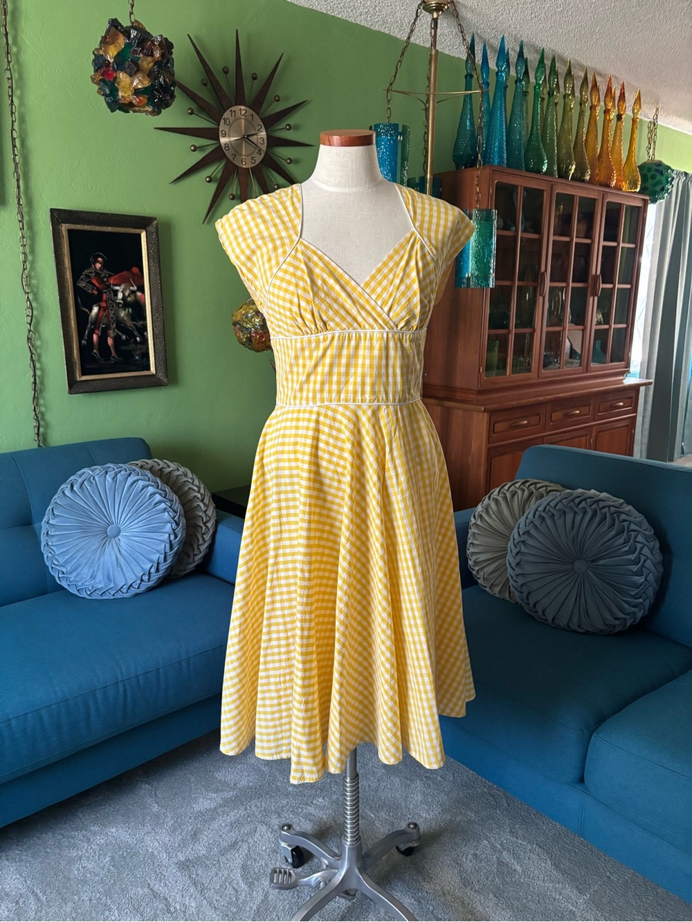 Hell Bunny Yellow Gingham Midi Fit-and-Flare Dress